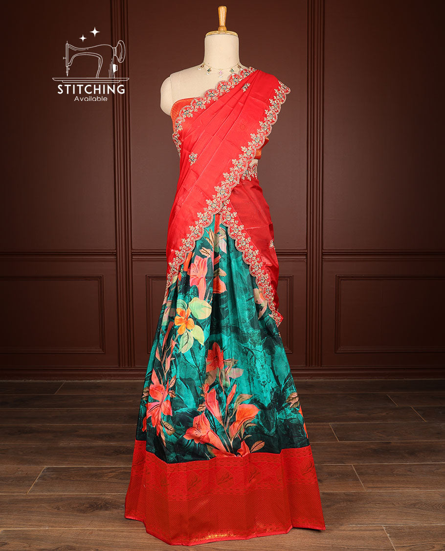 Green floral half saree with contrast zari design border , zari design blouse & floral embroidery scallop border dhavani