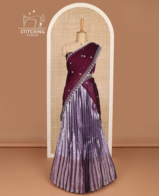 Purple floral jacquard half saree with self intricate zari design border, embroidered blouse & floral embroidery scallop border dhavani