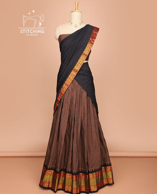 Brown cotton half saree with contrast rettai pettu zari design border, zari design blouse & plain, floral design border dhavani