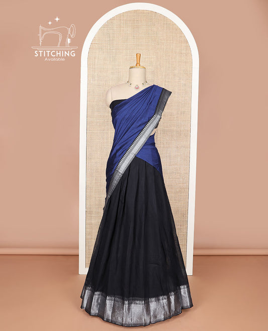 Black cotton half saree with contrast zari design border, zari design blouse & zari design border dhavani