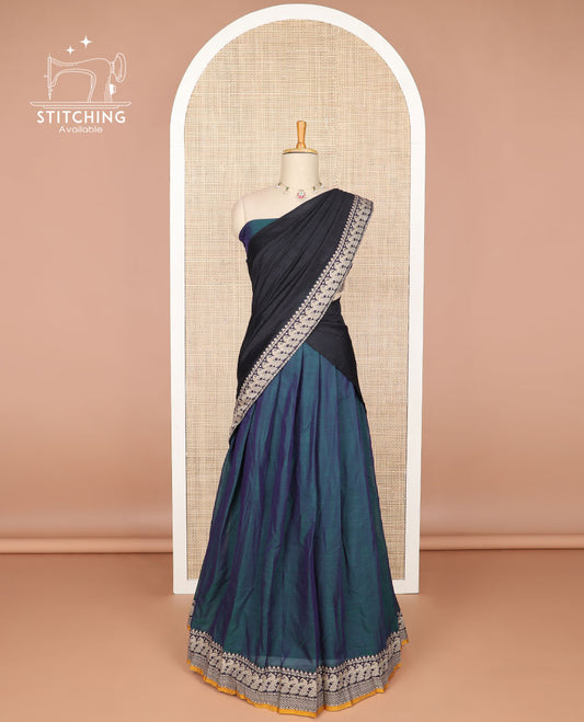 Blue cotton half saree with contrast zari design border, zari design blouse & zari design border dhavani