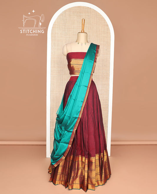Maroon cotton half saree with geometric design border, zari design blouse & zari design border dhavani