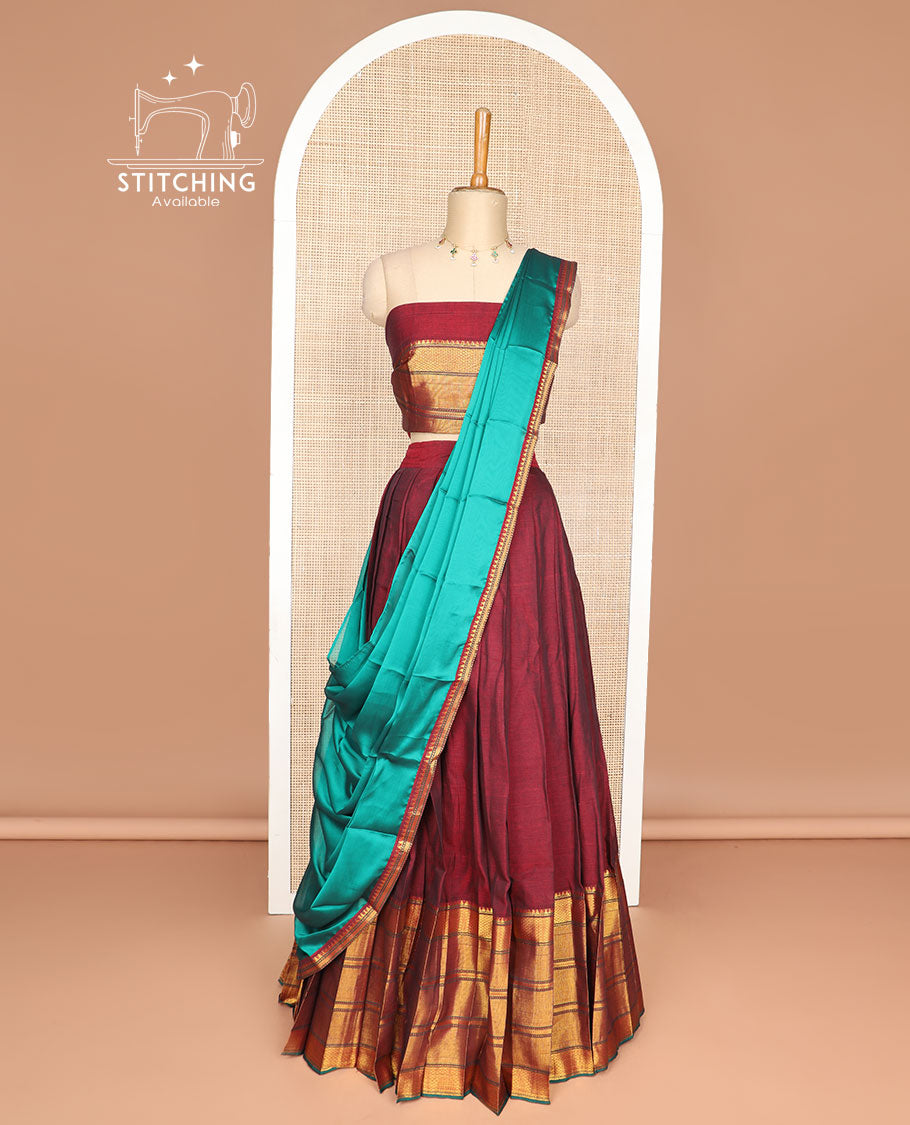 Maroon cotton half saree with geometric design border, zari design blouse & zari design border dhavani