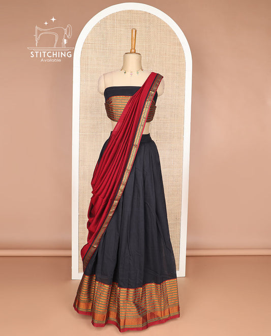 Black cotton half saree with contrast intricate zari design border, zari design blouse & zari design border dhavani