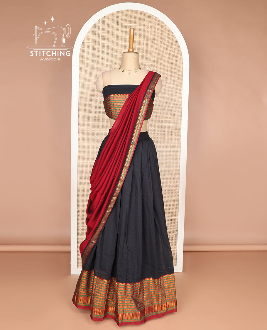 Black cotton half saree with contrast intricate zari design border, zari design blouse & zari design border dhavani