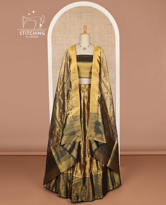 Brown floral buttas tissue half saree with contrast striped border, floral design blouse & floral design dhavani