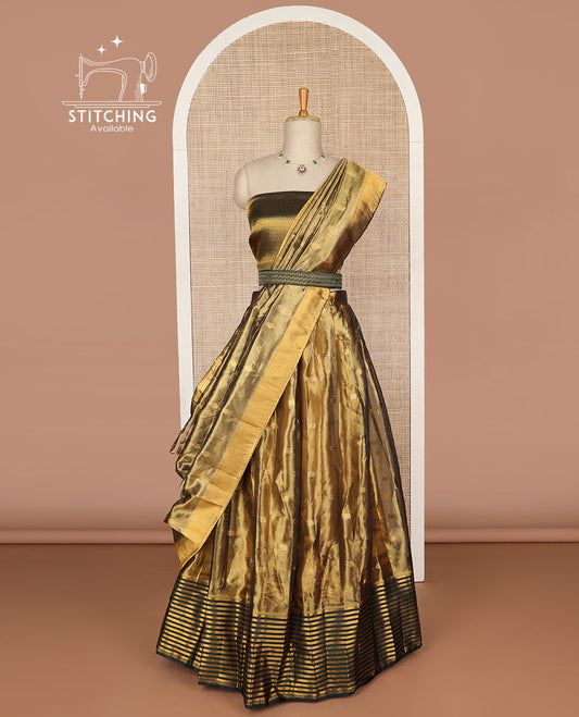 Brown floral buttas tissue half saree with contrast striped border, floral design blouse & floral design dhavani