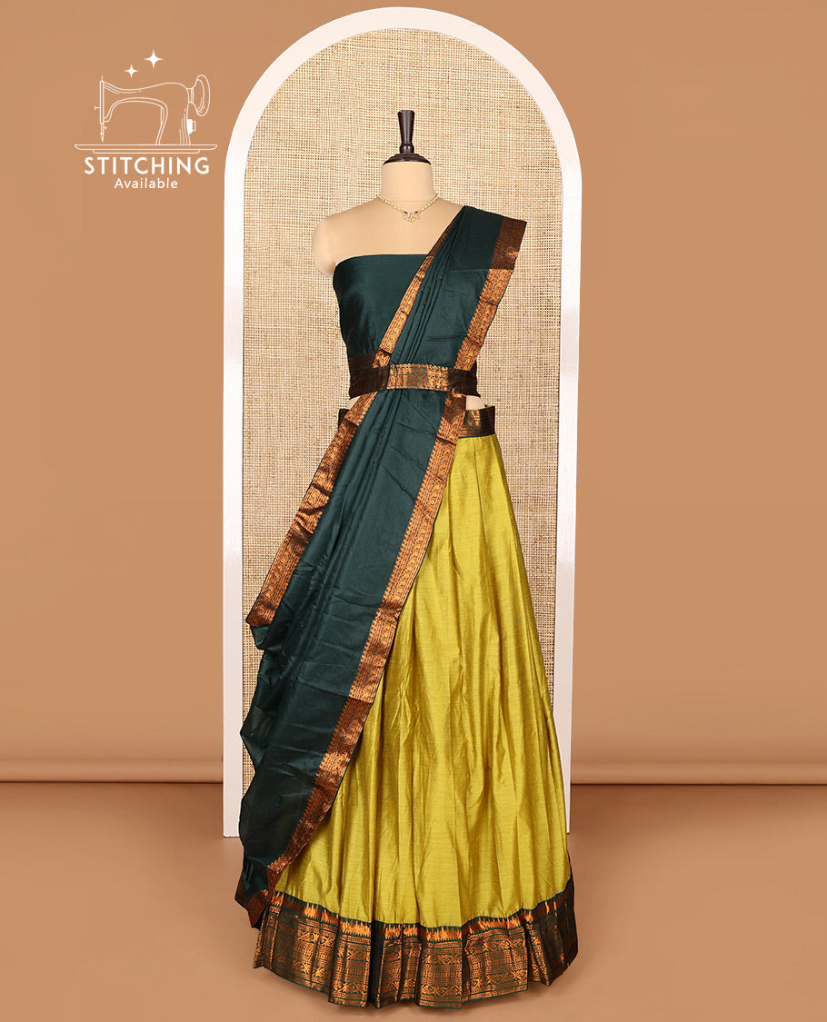 Light Green Art Silk Half-Saree Featuring Plain Skirt, Complemented by Contrast Traditional Zari Design Border, Paired with a Contrast Blouse, Contrast Zari-Bordered Dhavani, and Brocade Belt
