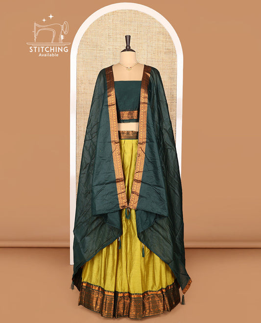 Light Green Art Silk Half-Saree Featuring Plain Skirt, Complemented by Contrast Traditional Zari Design Border, Paired with a Contrast Blouse, Contrast Zari-Bordered Dhavani, and Brocade Belt
