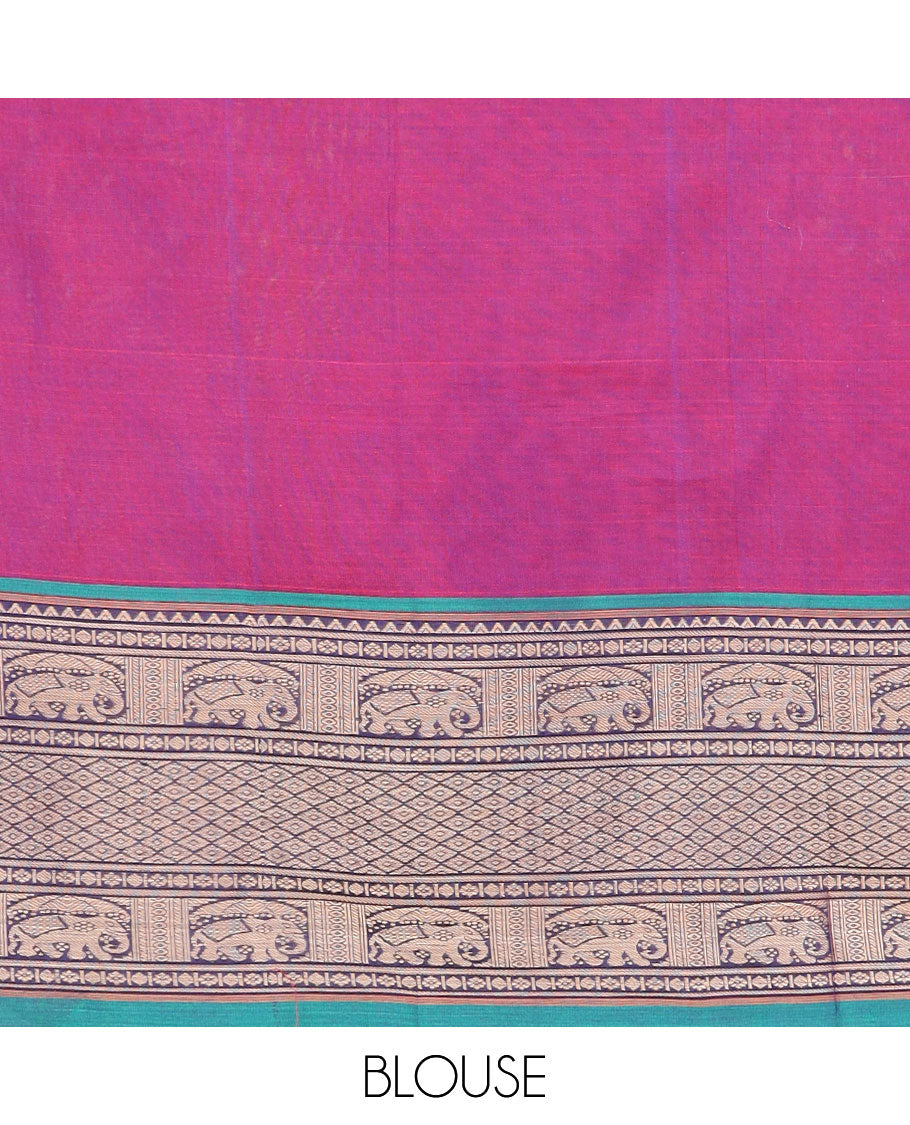 Purple cotton half-saree, plain with contrast traditional border skirt, a matching blouse, and a contrast traditional bordered dhavani