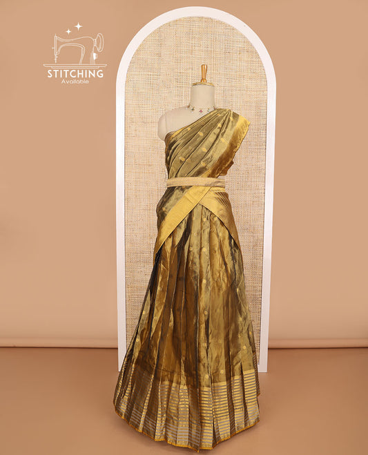 Brown buttad tissue half saree with contrast striped border, zari design blouse & floral design dhavani