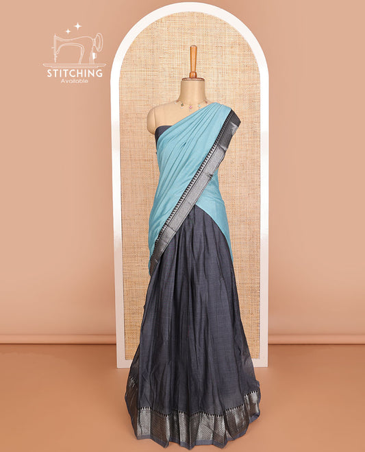 Black cotton half saree with contrast traditional zari design border, zari design blouse & plain, zari design border dhavani