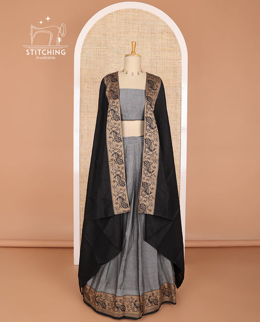 Grey cotton half saree with contrast peacock motifs border, peacock design blouse & peacock design border dhavani
