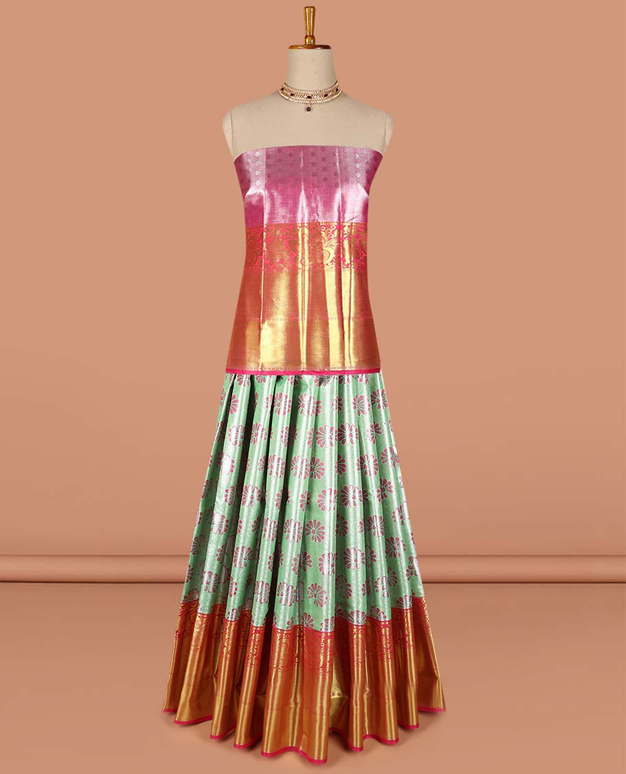 Green floral buttas art-silk half saree, contrast traditional zari border,zari design blouse & floral design dhavani