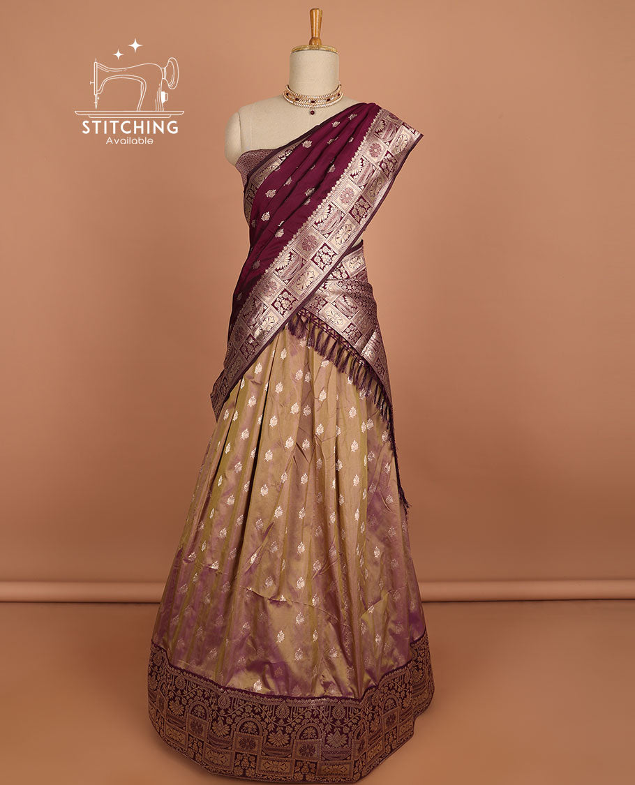 Blue buttas half sare with contrast zari border, zari design blouse & floral design dhavani