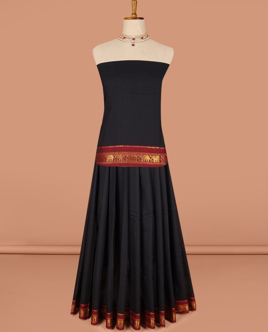 Purple cotton half saree contrast zari border with plain blouse & plain dhavani with contrast elephant zari border