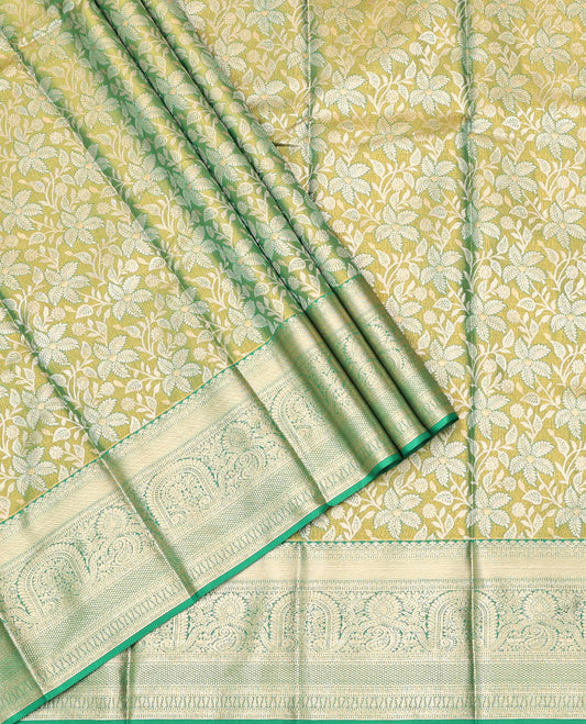 Green Art Silk Half-Saree, Embellished with Floral Jacquard Design, Contrast Traditional Zari Border, and Paired with a Matching Blouse