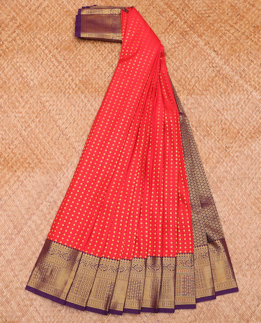 Red Budget Silk Saree, Mesmerized with Polka Dot Enclosed Sparse Checks on Its Body, Complemented by a Contrast Traditional Zari Design Border, Pallu of Jaal Designs, and Paired with a Contrast Blouse