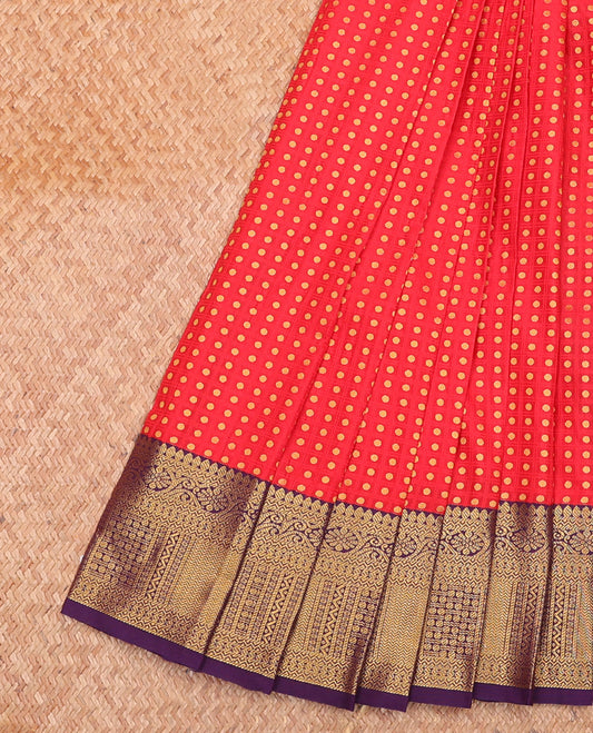 Red Budget Silk Saree, Mesmerized with Polka Dot Enclosed Sparse Checks on Its Body, Complemented by a Contrast Traditional Zari Design Border, Pallu of Jaal Designs, and Paired with a Contrast Blouse