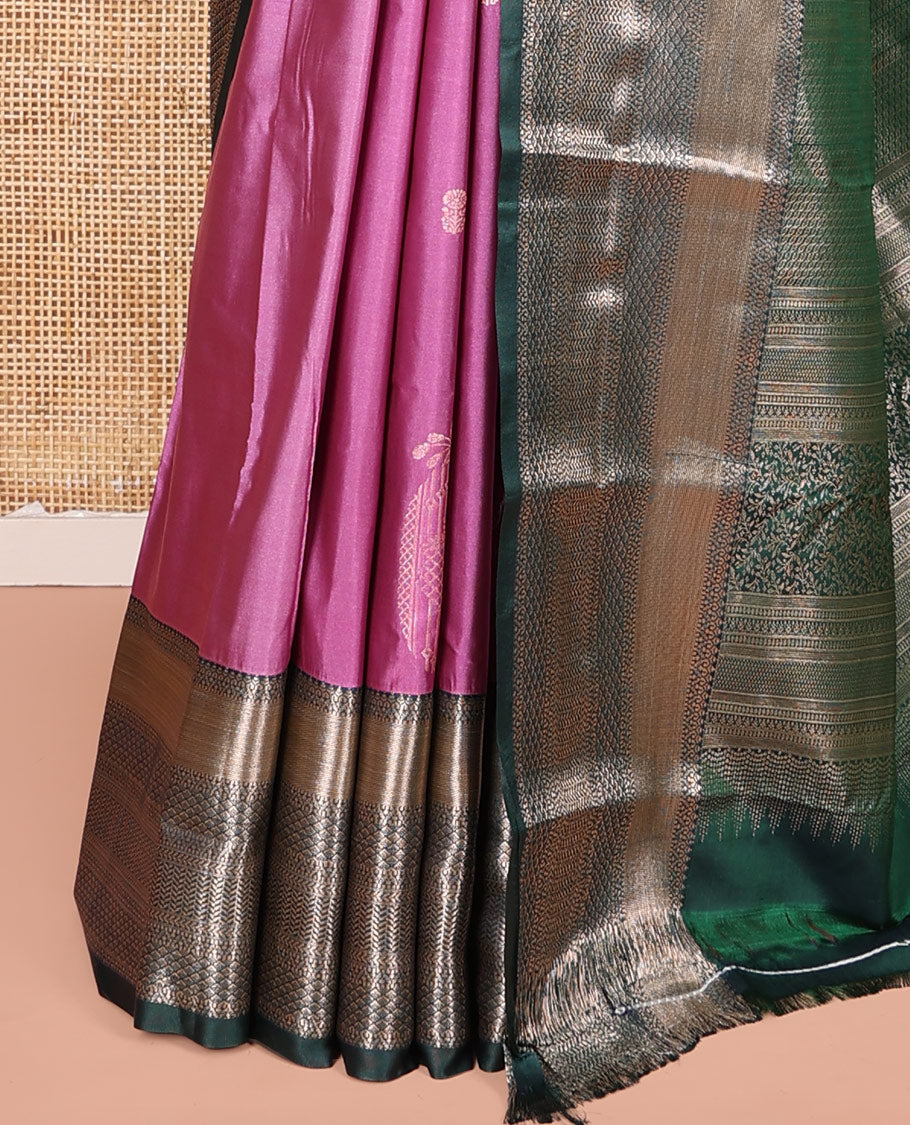 Pink Budget Silk Saree, Graced with Zari Buttas on Its Body, Complemented by a Contrast Traditional Zari Design Border, Pallu of Traditional Designs in Zari, and Paired with a Contrast Blouse
