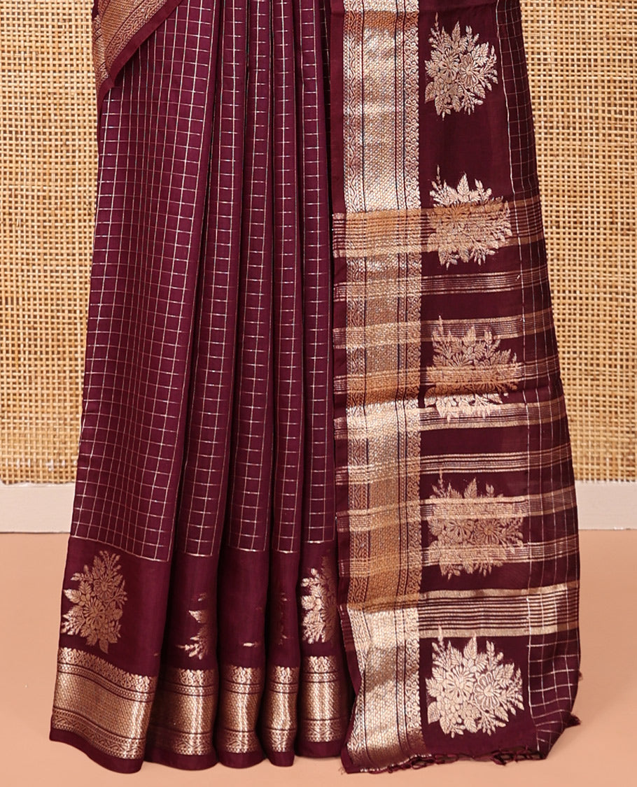 Brown Assam Silk Saree, Richly Detailed with Zari Checks, Highlighted by Traditional Zari Border, Striped Pallu, and Matching Blouse