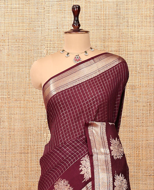 Brown Assam Silk Saree, Richly Detailed with Zari Checks, Highlighted by Traditional Zari Border, Striped Pallu, and Matching Blouse