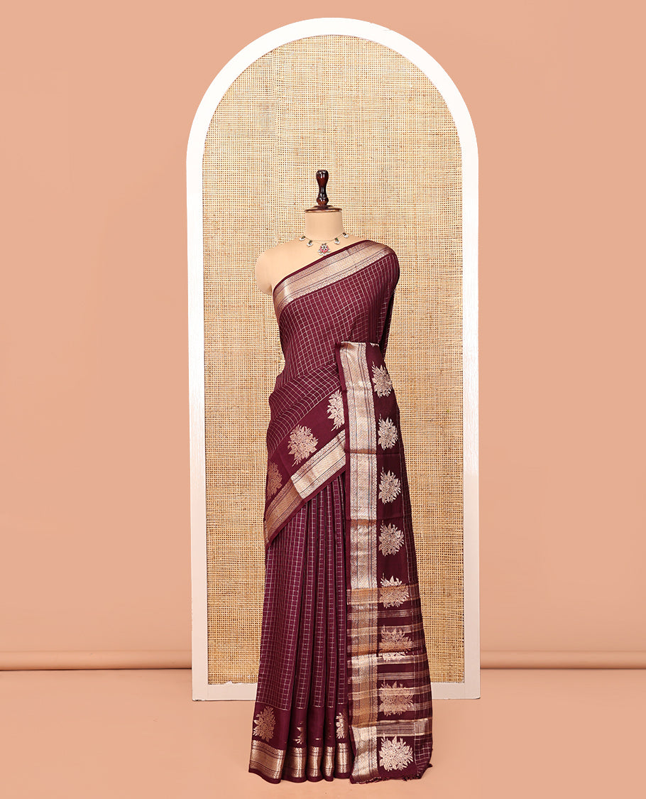Brown Assam Silk Saree, Richly Detailed with Zari Checks, Highlighted by Traditional Zari Border, Striped Pallu, and Matching Blouse