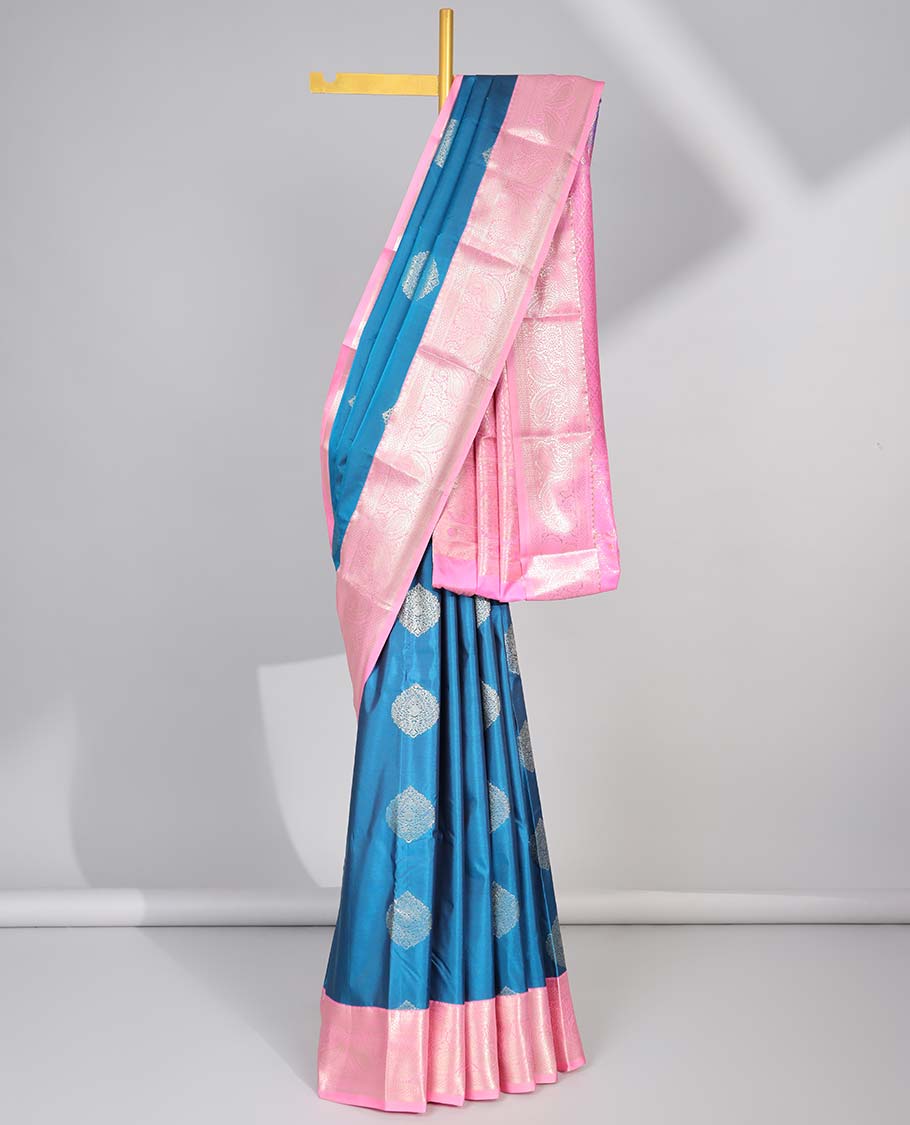 Blue floral motifs gift saree with contrast paisley border & intricate zari design pallu