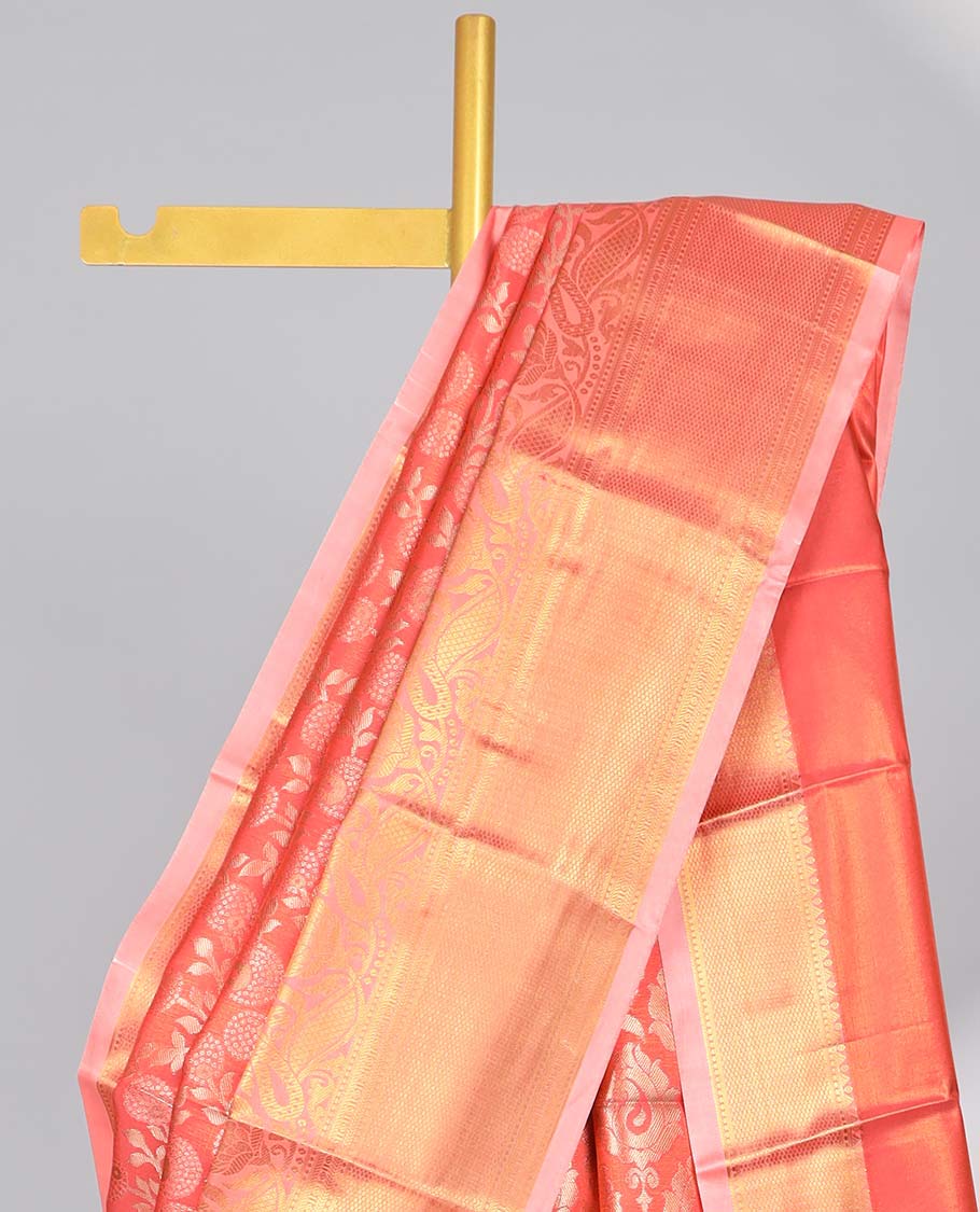 Orange floral vine design budget silk saree with contrast zari design border & paisley zari design pallu