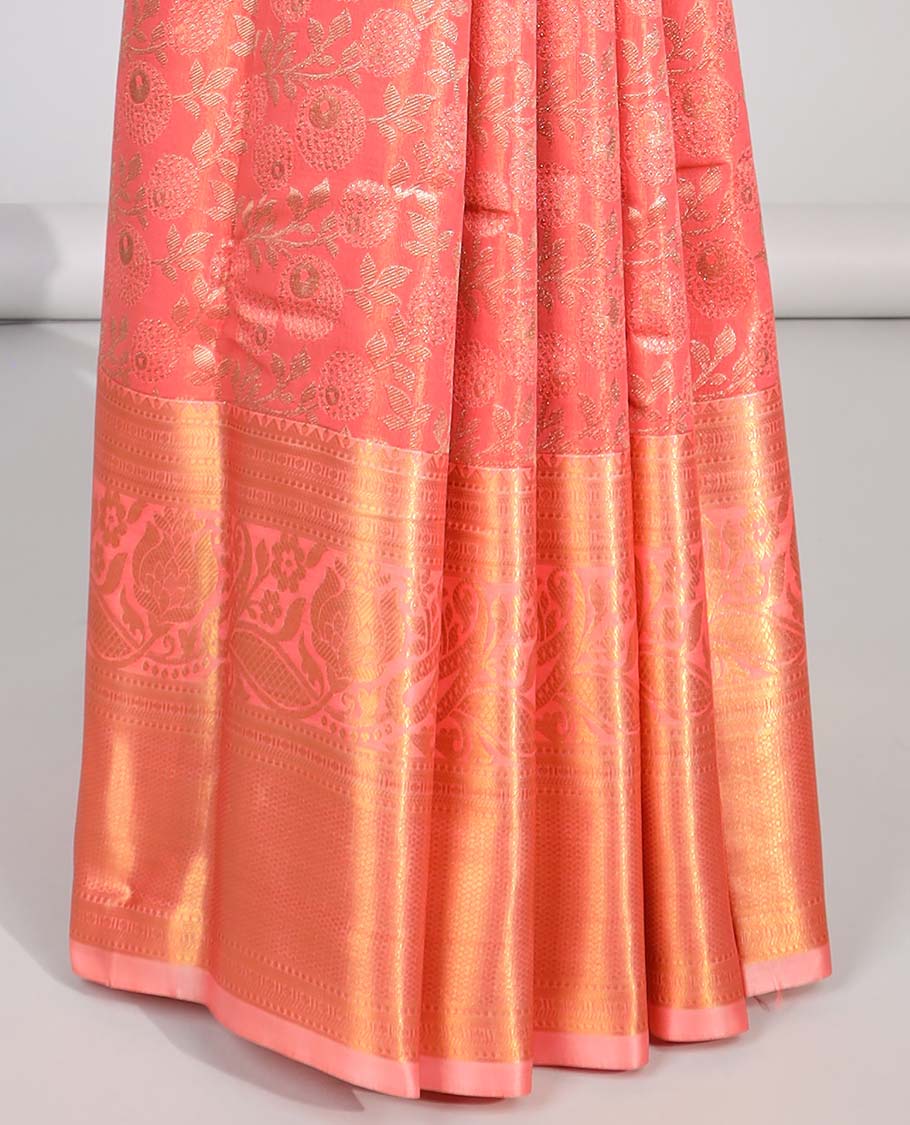 Orange floral vine design budget silk saree with contrast zari design border & paisley zari design pallu