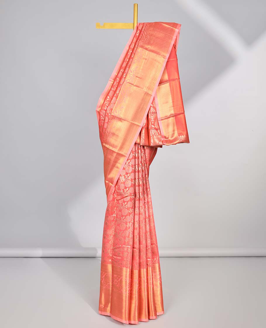 Orange floral vine design budget silk saree with contrast zari design border & paisley zari design pallu