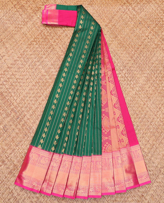 Green Budget Silk Saree, Gleamed Up with Zari Buttas and Stripes All Over Its Body, Complemented by a Contrast Traditional Zari Border of Peacock and Elephant Designs, Mughal-Style Intricately Designed Pallu, and Paired with a Contrast Blouse