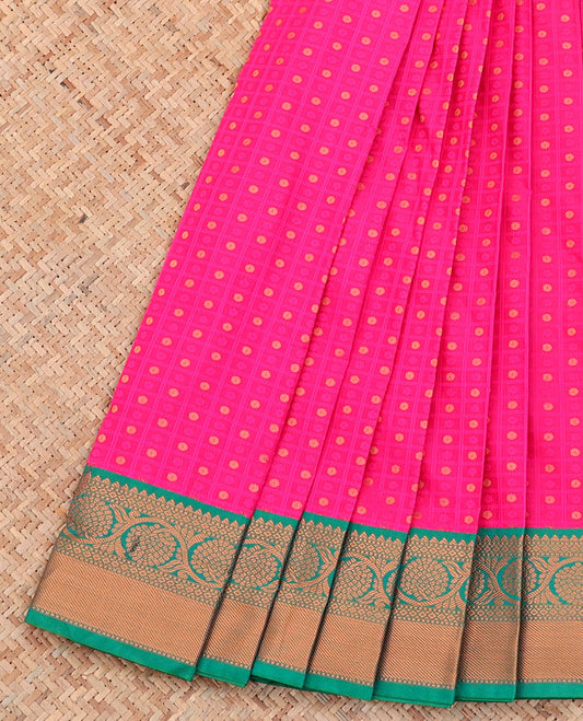 Pink Budget Silk Saree, Richly Detailed with Zari Butta Enclosed Checks on Its Body, Complemented by a Contrast Traditional Zari Border, Grand Pallu, and Paired with a Contrast Blouse