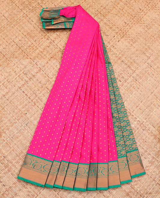 Pink Budget Silk Saree, Richly Detailed with Zari Butta Enclosed Checks on Its Body, Complemented by a Contrast Traditional Zari Border, Grand Pallu, and Paired with a Contrast Blouse