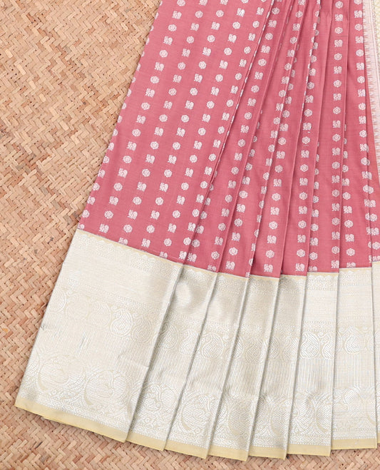 Rosewood Pink Budget Silk Saree, Embellished with Peacock and Chakram Buttas All Over Its Body, Complemented by a Contrast Traditional Zari Design Border, Grand Jaal Pallu, and Paired with a Contrast Blouse