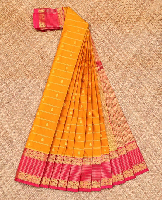 Orange Budget Silk Saree, Woven with Zari Buttas and Stripes on Its Body, Complemented by a Contrast Traditional Zari Border of Peacock-Elephant Designs, Grand Jaal Pallu, and Paired with a Contrast Blouse