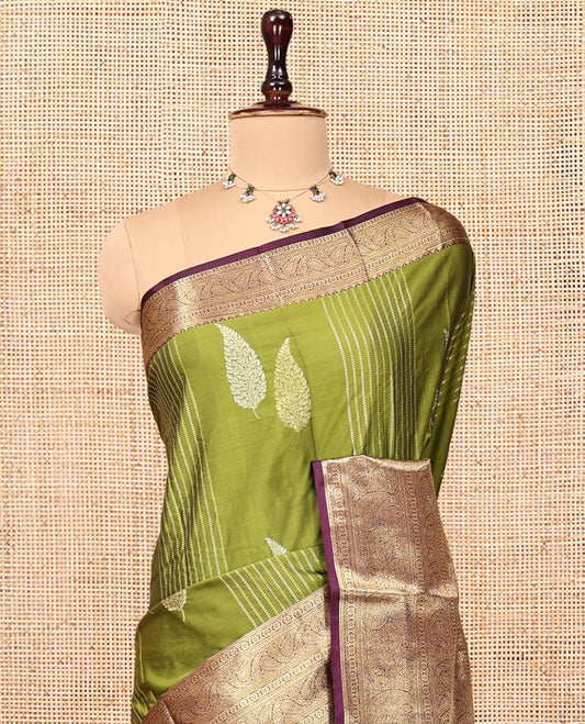 Green Budget Silk Saree, Enthralled with Zari Buttas and Stripes, Complemented by a Contrast Traditional Zari Border, Jaal Pallu, and a Contrast Blouse