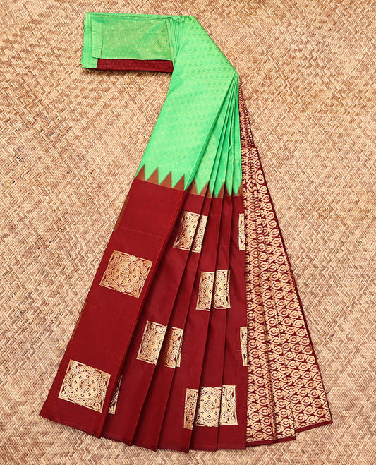 Borderless Red-Green Budget Silk Saree Features Embossed and Zari Buttas, Complemented by a Contrast Intricate Pallu, and a Contrast Blouse