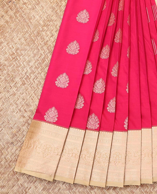 Pink Budget Silk Saree, Elevated with Zari Buttas, Complemented by a Contrast Traditional Zari Border, Grand Pallu, and a Contrast Blouse
