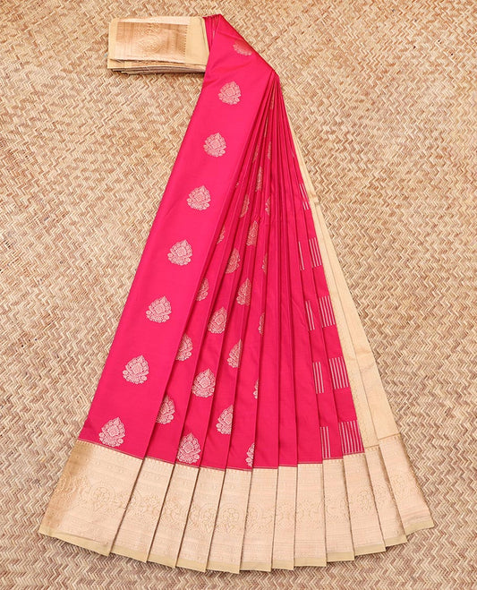 Pink Budget Silk Saree, Elevated with Zari Buttas, Complemented by a Contrast Traditional Zari Border, Grand Pallu, and a Contrast Blouse