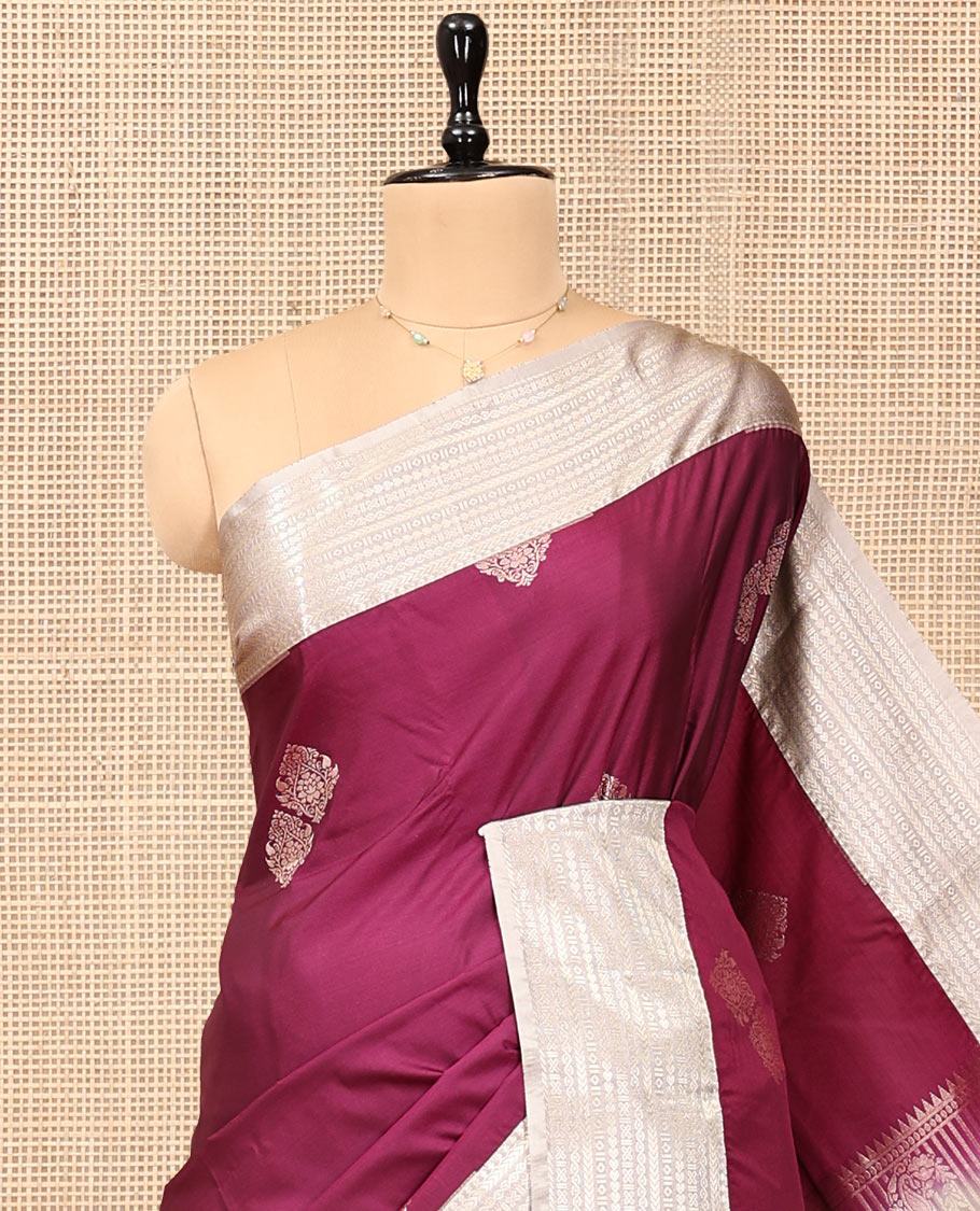 Wine Budget Silk Saree, Detailed with Zari Buttas, Complemented by a Contrast Traditional Zari Border, Grand Jaal Pallu, and Contrast Blouse