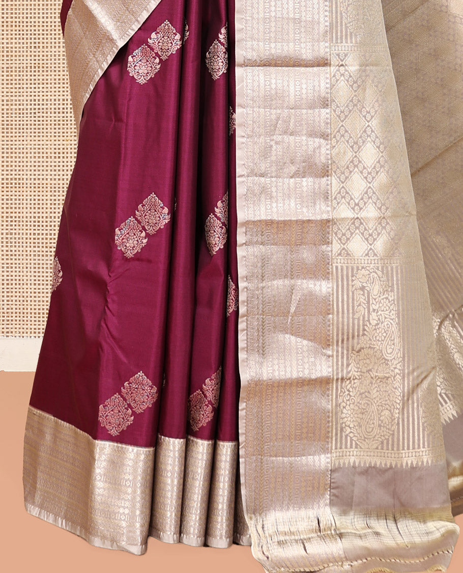 Wine Budget Silk Saree, Detailed with Zari Buttas, Complemented by a Contrast Traditional Zari Border, Grand Jaal Pallu, and Contrast Blouse