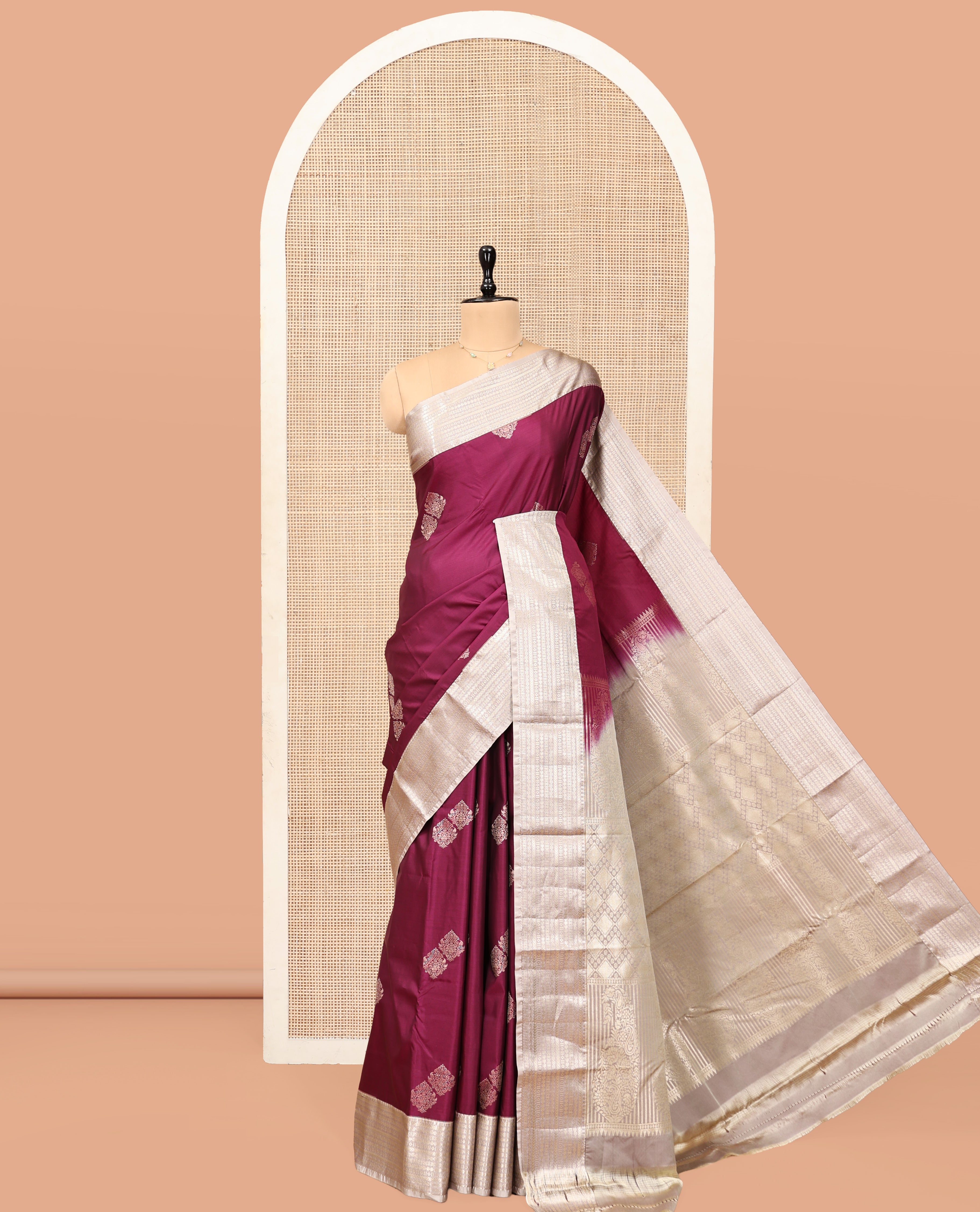 Wine Budget Silk Saree, Detailed with Zari Buttas, Complemented by a Contrast Traditional Zari Border, Grand Jaal Pallu, and Contrast Blouse