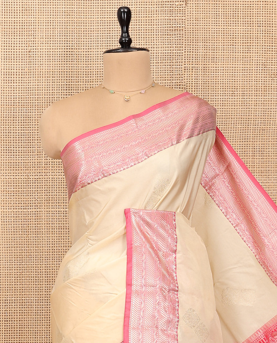 Sandal Budget Silk Saree, Subtly Sparkled with Zari Buttas, Complemented by a Contrast Traditional Zari Border, Pallu of Jaal and Paisleys, and Contrast Blouse