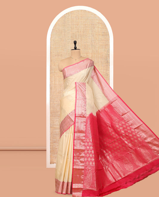 Sandal Budget Silk Saree, Subtly Sparkled with Zari Buttas, Complemented by a Contrast Traditional Zari Border, Pallu of Jaal and Paisleys, and Contrast Blouse