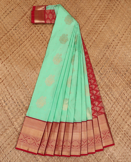 Green Budget Silk Saree Decorated with Zari Buttas, Complemented with a Contrast Traditional Zari Design Border, Zari Embellished Pallu of Intricate Designs, and Paired with a Contrast Blouse