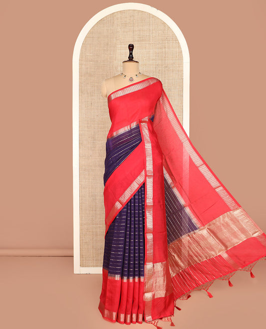 Blue Assam Silk Saree Beautified with Zari Stripes on Its Body, Complemented by a Contrast Big Traditional Zari Design Woven Border, Sparkling Pallu of Zari Stripes, and Paired with a Contrast Blouse