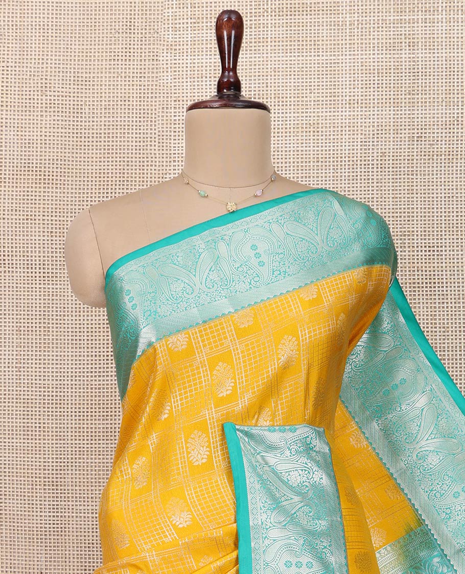 Yellow Budget Silk Saree, Elegantly Highlighted by Jacquard Design All Over Its Body, Complemented by a Contrast Traditional Zari Design Border, Opulently Embellished Pallu, and Paired with a Contrast Blouse