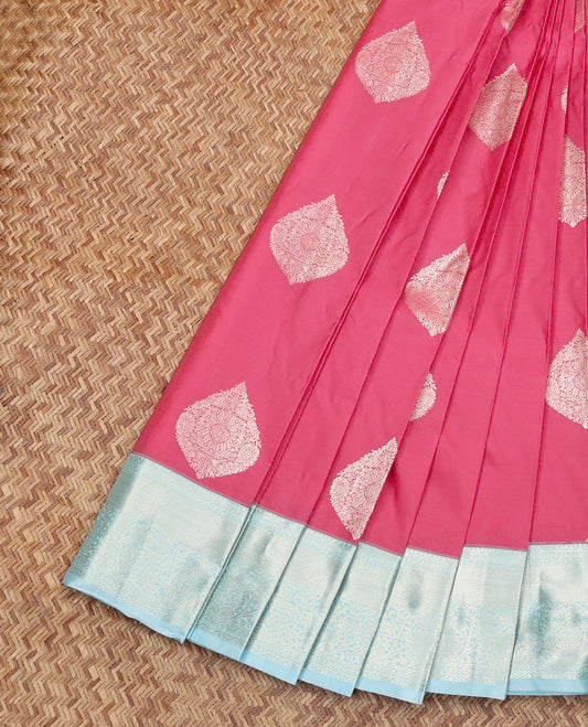 Red Budget Silk Saree, Accentuated With Zari Buttas All Over Its Body, Complemented by Contrast Traditional Zari Designs Woven Border, Grand Jaal Pallu and Paired with a Contrast Blouse