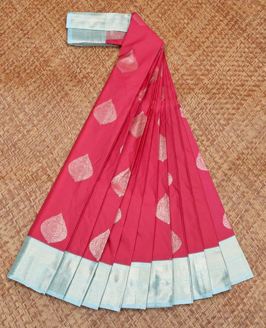 Red Budget Silk Saree, Accentuated With Zari Buttas All Over Its Body, Complemented by Contrast Traditional Zari Designs Woven Border, Grand Jaal Pallu and Paired with a Contrast Blouse